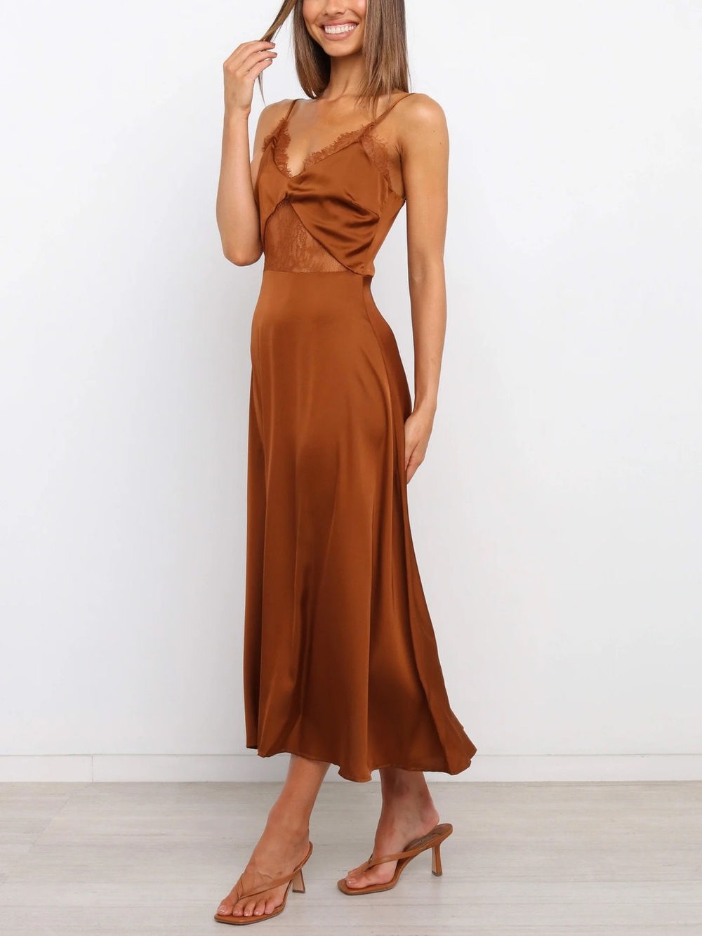 Petal & Pup Ariel Brown Satin Lace Midi Dress Size 8 NWT - Picture 2 of 11